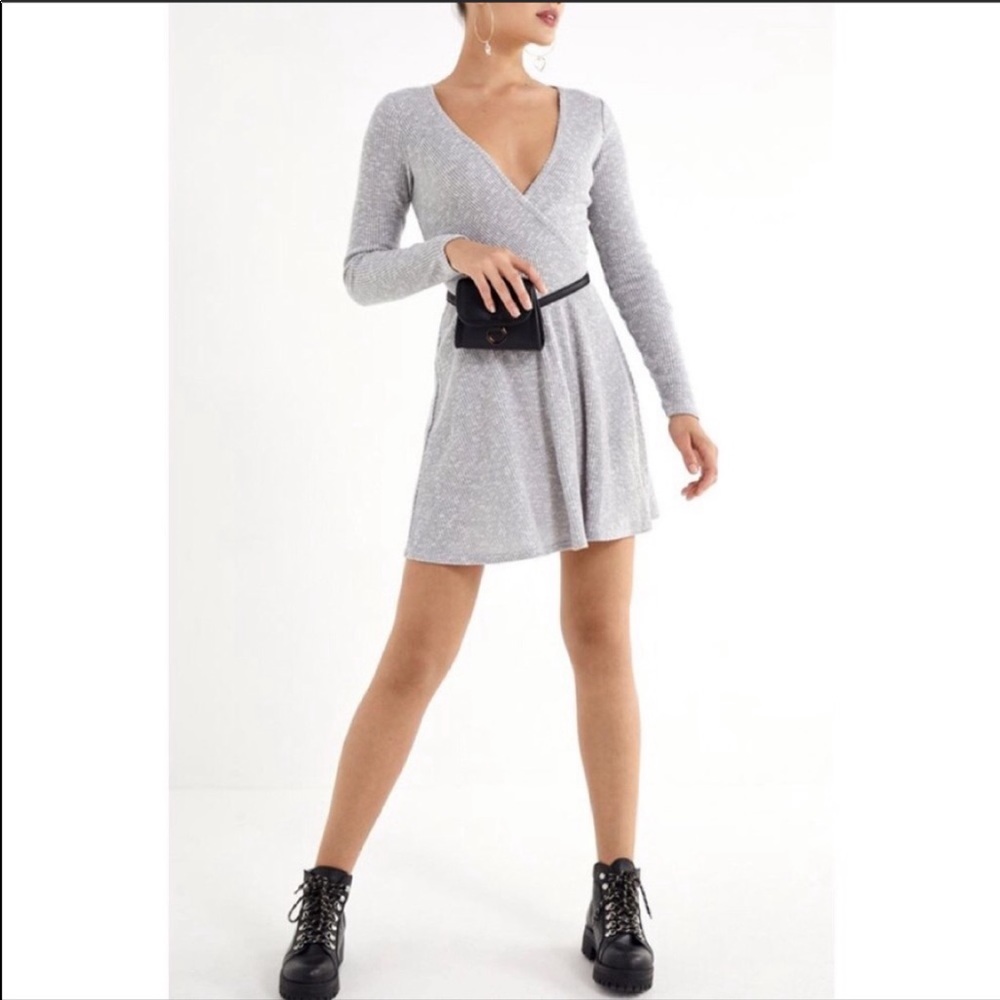 UO Caroline gray deep v faux wrap dress